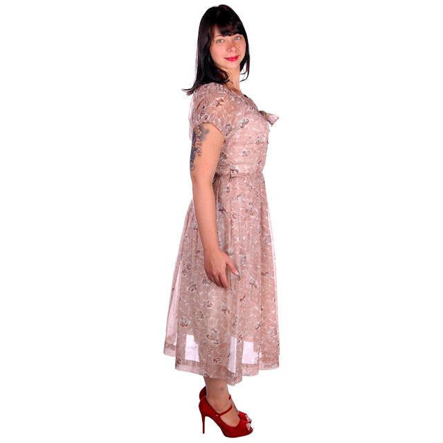 VTG 1950s Sheer Plisse Nylon House Dress Abstract Print Lucite Buttons Sz M Women's Toni Todd