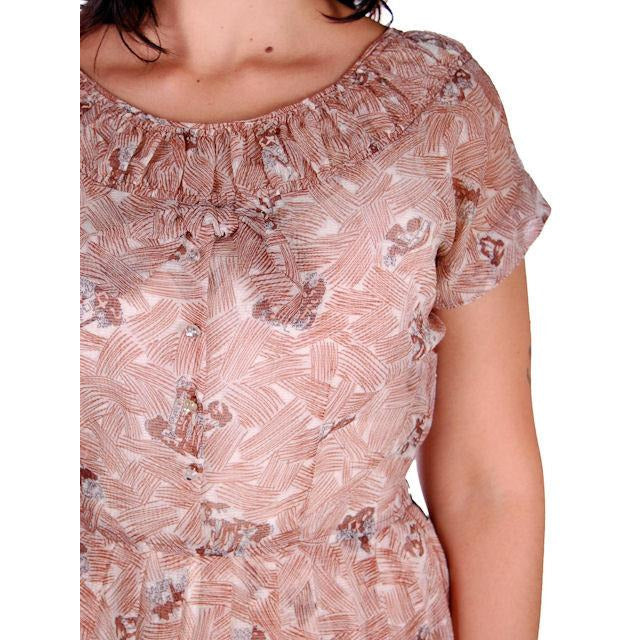 VTG 1950s Sheer Plisse Nylon House Dress Abstract Print Lucite Buttons Sz M Women's Toni Todd