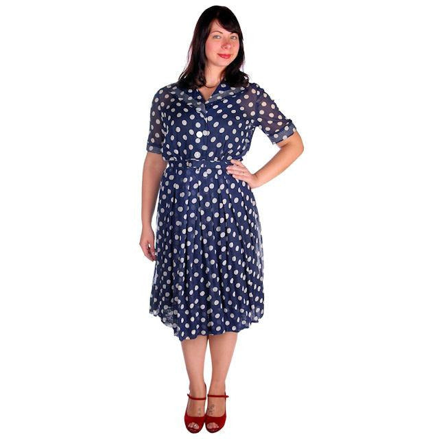 Vintage Navy Day Dress Polka Dot Cotton Nelly Don 1940s 42-32-Free
