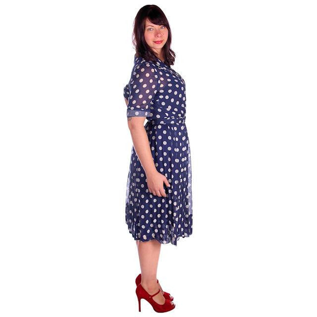 Vintage Navy Day Dress Polka Dot Cotton Nelly Don 1940s 42-32-Free Women's Nelly Don