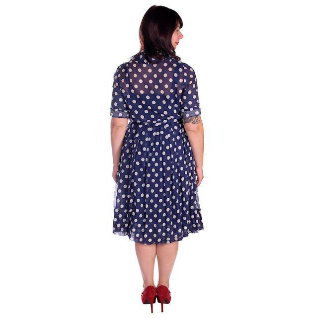 Vintage Navy Day Dress Polka Dot Cotton Nelly Don 1940s 42-32-Free Women's Nelly Don