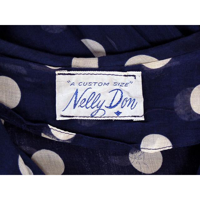 Vintage Navy Day Dress Polka Dot Cotton Nelly Don 1940s 42-32-Free Women's Nelly Don