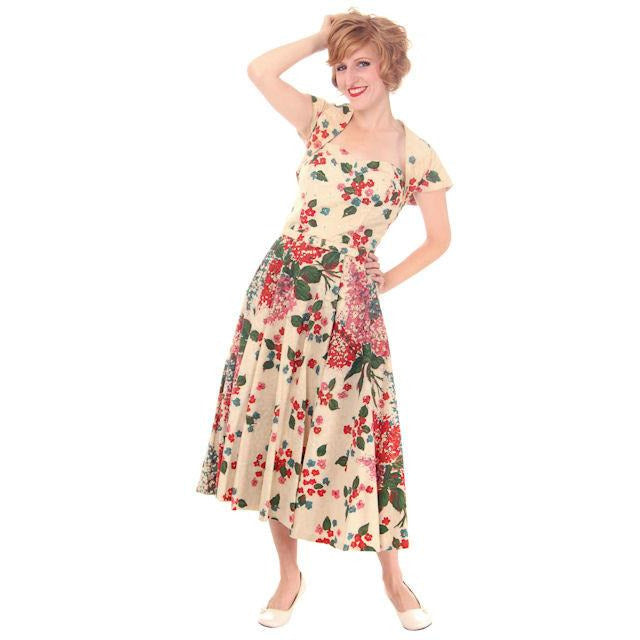 Vintage Strapless Dress Polished Printed Cotton Rhinestone Bodice 1950s Small Women's,New Arrivals The Best Vintage Clothing