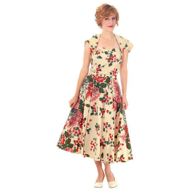 Vintage Strapless Dress Polished Printed Cotton Rhinestone Bodice 1950s Small Women's,New Arrivals The Best Vintage Clothing