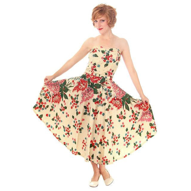 Vintage Strapless Dress Polished Printed Cotton Rhinestone Bodice 1950s Small Women's,New Arrivals The Best Vintage Clothing