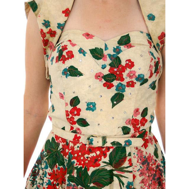 Vintage Strapless Dress Polished Printed Cotton Rhinestone Bodice 1950s Small Women's,New Arrivals The Best Vintage Clothing