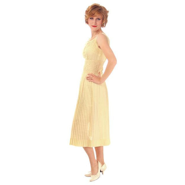 Vintage Day Dress Pale Yellow Crystal Pleated 1950s Small Women's,On Sale The Best Vintage Clothing