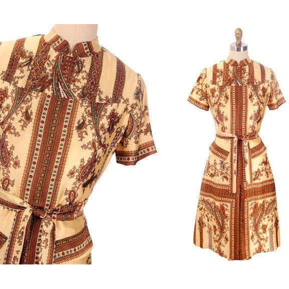 Vintage Silk Shirtwaist Day Dress "Lita" Signed Block Print 1970s Medium Women's The Best Vintage Clothing