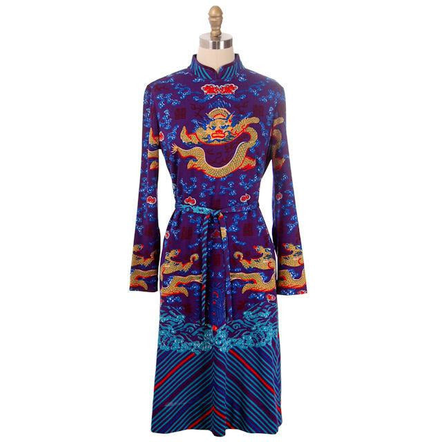 Vintage Knit Dress Goldworm Dragon Print Blue Made in Italy 1970s M-L Women's,New Arrivals Goldworm