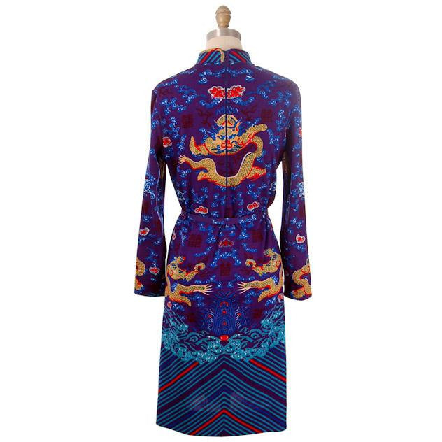Vintage Knit Dress Goldworm Dragon Print Blue Made in Italy 1970s M-L Women's,New Arrivals Goldworm