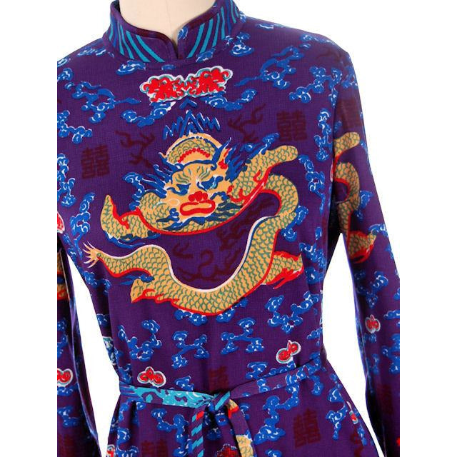 Vintage Knit Dress Goldworm Dragon Print Blue Made in Italy 1970s M-L Women's,New Arrivals Goldworm