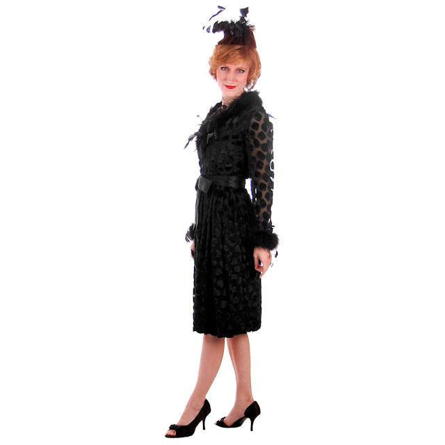 Vintage Black Silk Burn Out Velvet Cocktail Dress w Feathers Sarmi 1960s Small Women's,New Arrivals Sarmi