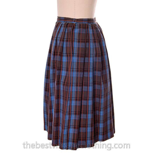 True Vintage 1950s Plaid Skirt Blue Cotton Pleated Shamrock Small skirt The Best Vintage Clothing