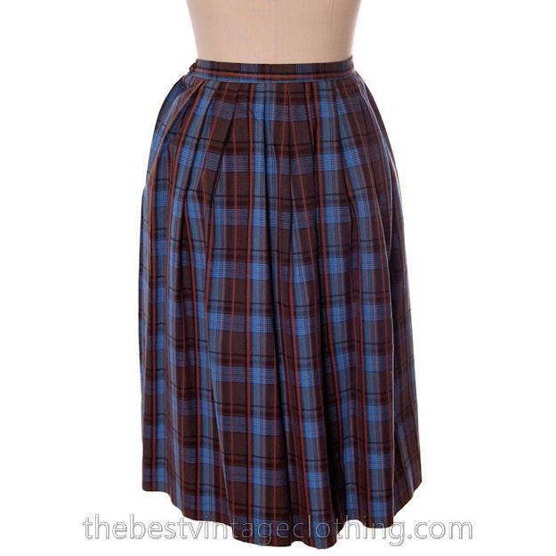 True Vintage 1950s Plaid Skirt Blue Cotton Pleated Shamrock Small skirt The Best Vintage Clothing