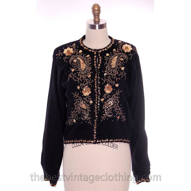 Vintage 1980s Wool Beaded Cardigan Sweater Black M Gold Beads sweater The Best Vintage Clothing