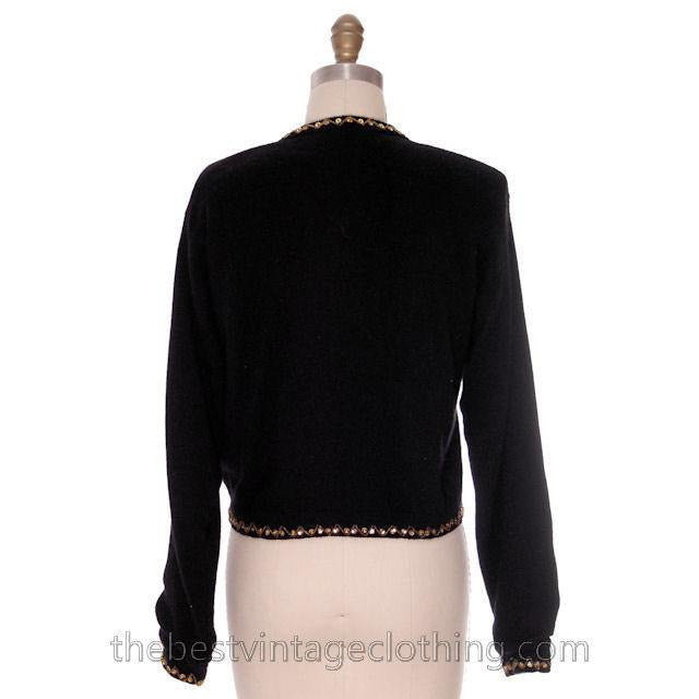 Vintage 1980s Wool Beaded Cardigan Sweater Black M Gold Beads sweater The Best Vintage Clothing