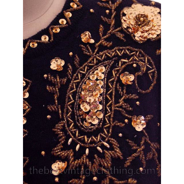 Vintage 1980s Wool Beaded Cardigan Sweater Black M Gold Beads sweater The Best Vintage Clothing