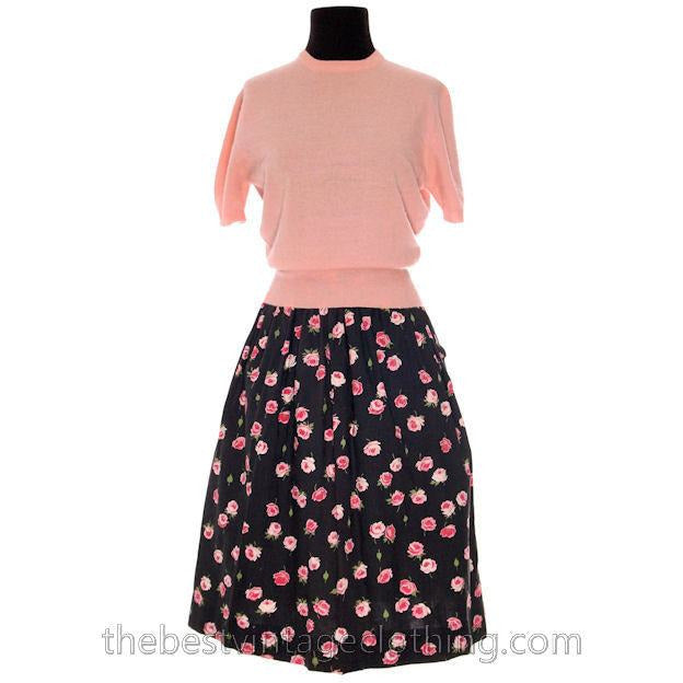 Vintage 1940s Cotton Skirt Pink Roses Print on Black M Women's,New Arrivals The Best Vintage Clothing