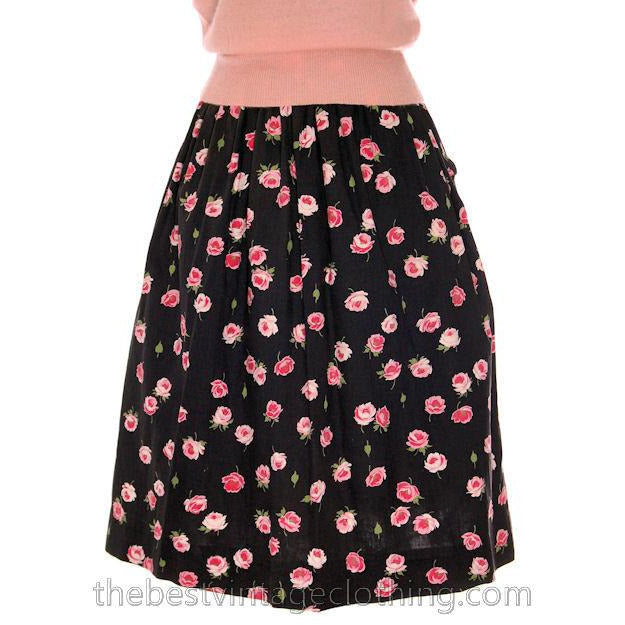 Vintage 1940s Cotton Skirt Pink Roses Print on Black M Women's,New Arrivals The Best Vintage Clothing