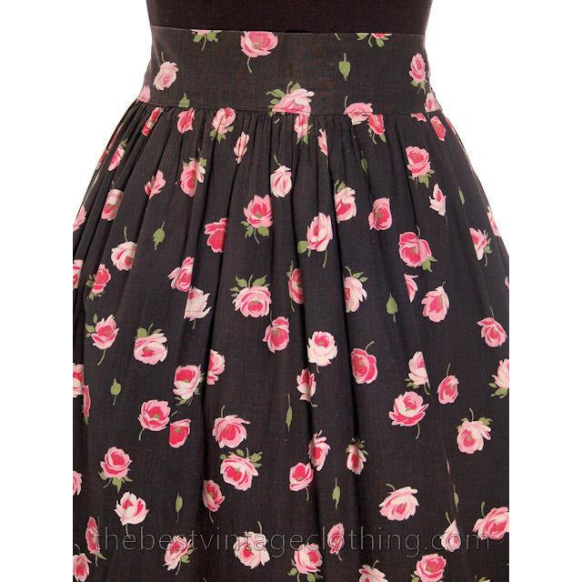 Vintage 1940s Cotton Skirt Pink Roses Print on Black M Women's,New Arrivals The Best Vintage Clothing