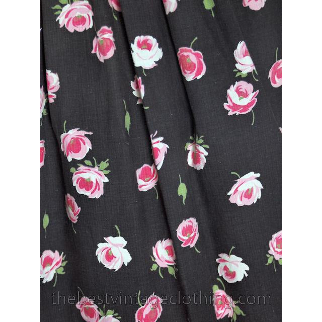 Vintage 1940s Cotton Skirt Pink Roses Print on Black M Women's,New Arrivals The Best Vintage Clothing