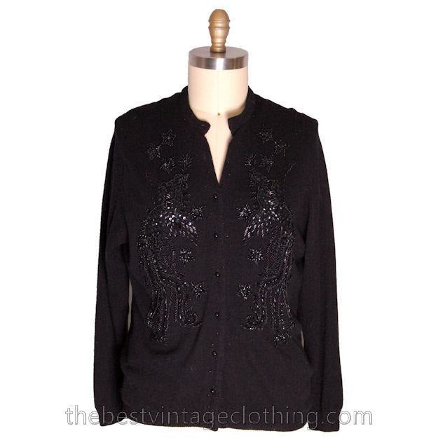Vintage 1950s Beaded Sweater Black Beads On Black Wool to XL Women's The Best Vintage Clothing