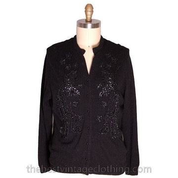 Vintage 1950s Beaded Sweater Black Beads On Black Wool to XL Women's The Best Vintage Clothing