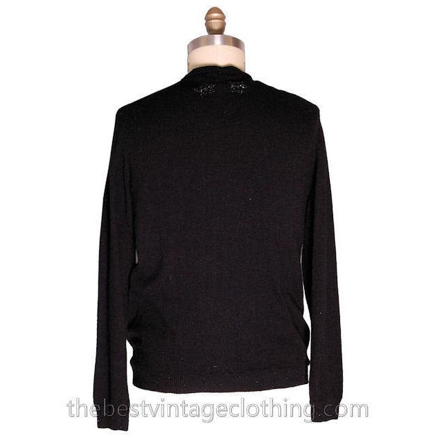 Vintage 1950s Beaded Sweater Black Beads On Black Wool to XL Women's The Best Vintage Clothing
