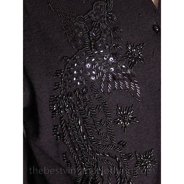 Vintage 1950s Beaded Sweater Black Beads On Black Wool to XL Women's The Best Vintage Clothing