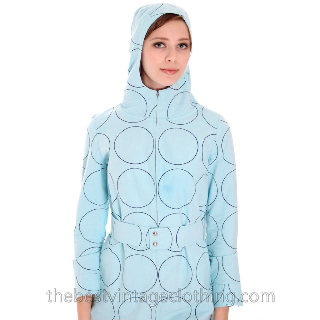 Vintage Vuokko Blue Circles Designer Gown Funnel Neck Hoodie 1960s 38/8 marimekko The Best Vintage Clothing