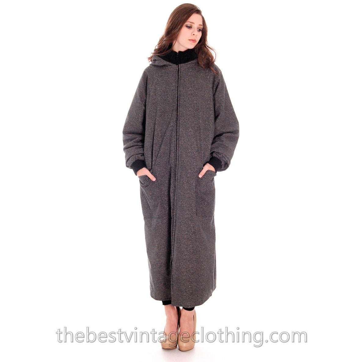Vintage 1970s Vuokko Maxi Coat Womens Hooded Speckle Design Black Gray Cotton L marimekko The Best Vintage Clothing