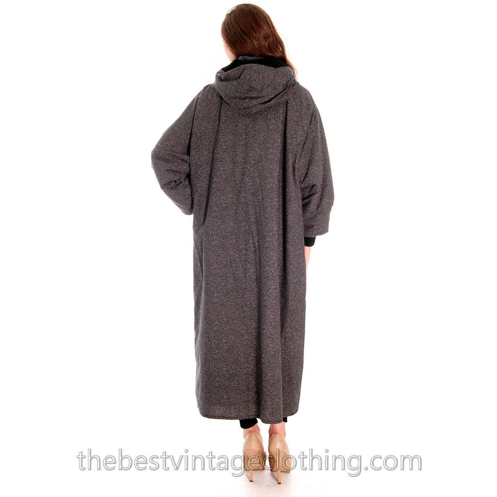 Vintage 1970s Vuokko Maxi Coat Womens Hooded Speckle Design Black Gray Cotton L marimekko The Best Vintage Clothing