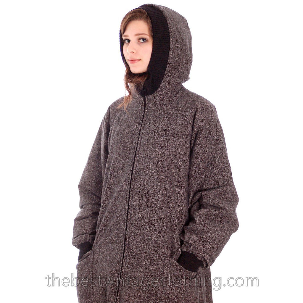 Vintage 1970s Vuokko Maxi Coat Womens Hooded Speckle Design Black Gray Cotton L marimekko The Best Vintage Clothing