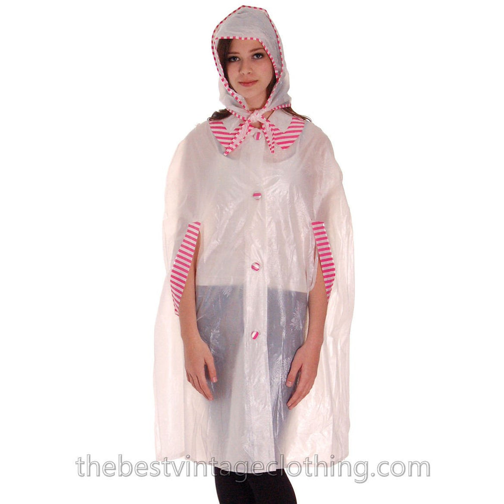 VIntage 1950s Vinyl Raincoat See-Through Sheer Pink Striped Accents w Matching Hat coats The Best Vintage Clothing