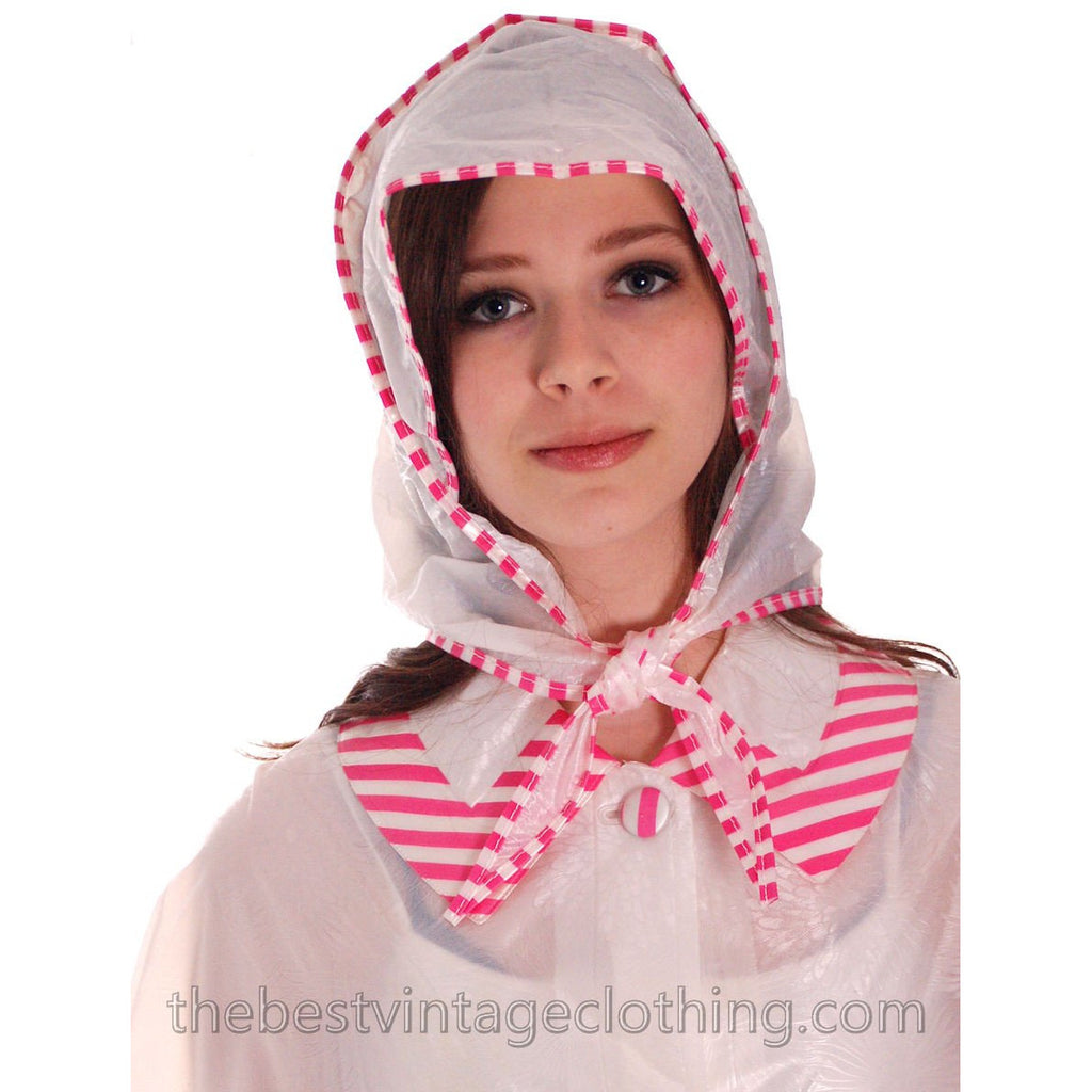 VIntage 1950s Vinyl Raincoat See-Through Sheer Pink Striped Accents w Matching Hat coats The Best Vintage Clothing