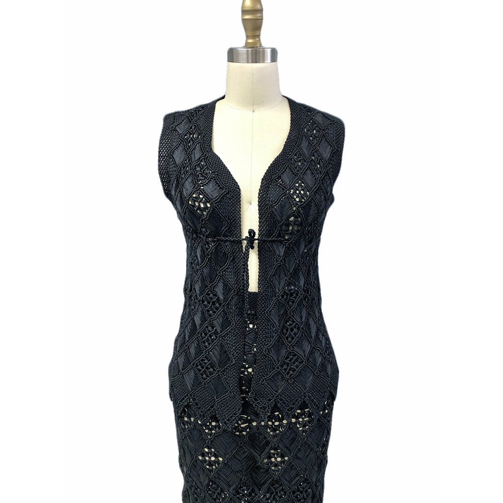 Vintage Black Crocheted Corde Vest & Maxi Skirt Slim Small Size 1970s ...