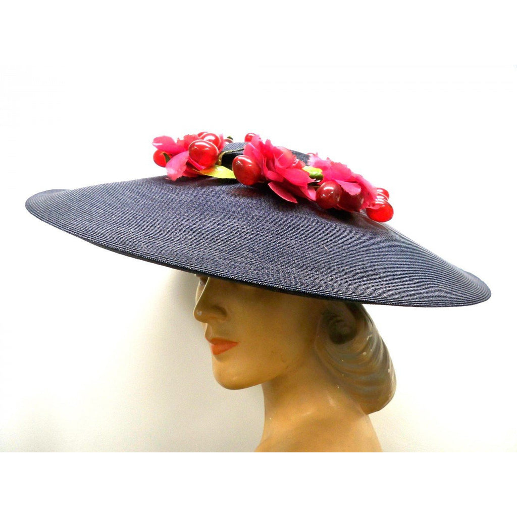 Vintage Navy Extra Wide-Brim Straw Saucer Hat On Cap 1940S Poppies & Grapes Hats,New Arrivals The Best Vintage Clothing