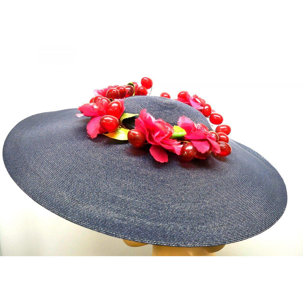 Vintage Navy Extra Wide-Brim Straw Saucer Hat On Cap 1940S Poppies & Grapes Hats,New Arrivals The Best Vintage Clothing