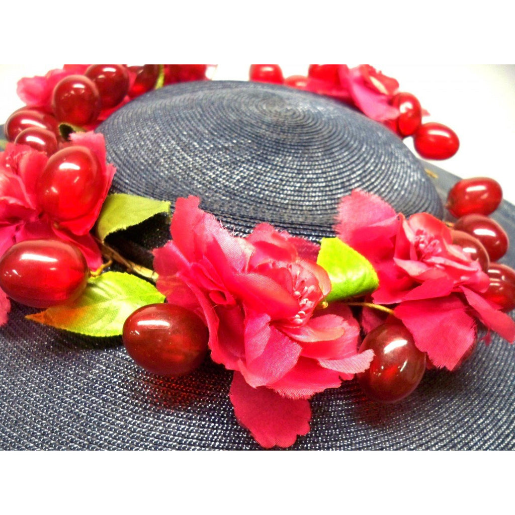 Vintage Navy Extra Wide-Brim Straw Saucer Hat On Cap 1940S Poppies & Grapes Hats,New Arrivals The Best Vintage Clothing