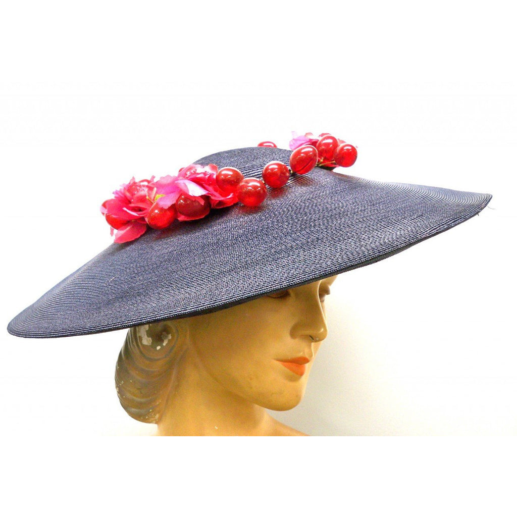 Vintage Navy Extra Wide-Brim Straw Saucer Hat On Cap 1940S Poppies & Grapes Hats,New Arrivals The Best Vintage Clothing