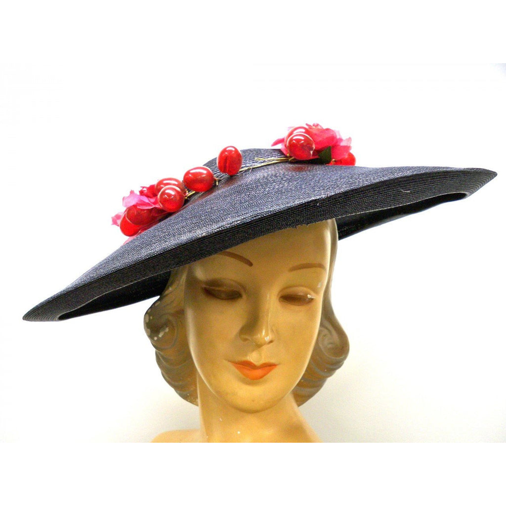 Vintage Navy Extra Wide-Brim Straw Saucer Hat On Cap 1940S Poppies & Grapes Hats,New Arrivals The Best Vintage Clothing