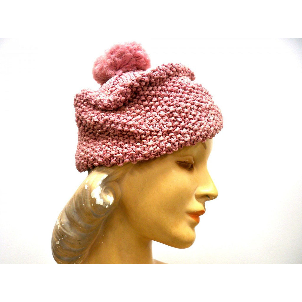 Vintage Ladies Knit Hat Dusty Rose Pink w/ PomPom Metallic Hand-Knit 1940S Hats The Best Vintage Clothing