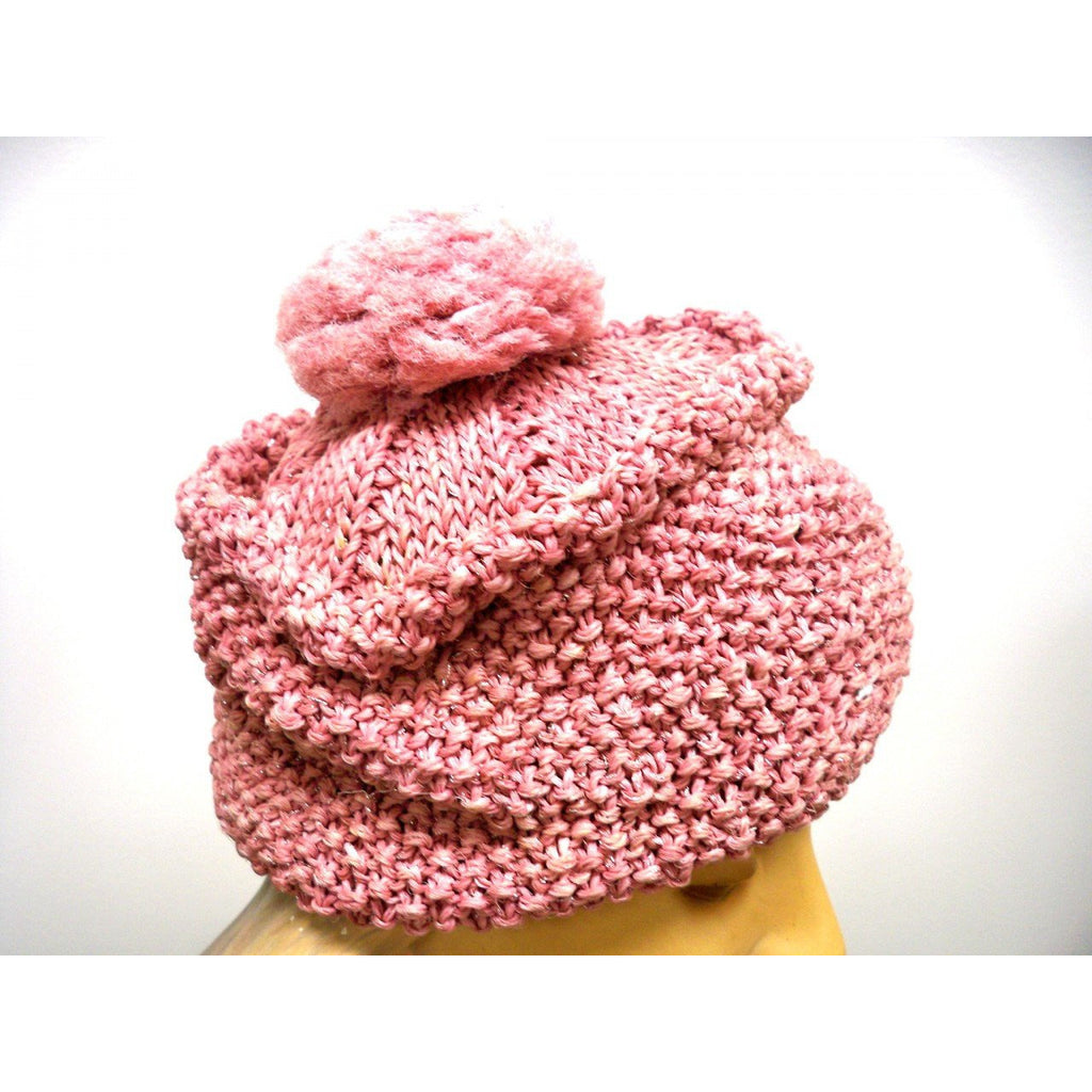 Vintage Ladies Knit Hat Dusty Rose Pink w/ PomPom Metallic Hand-Knit 1940S Hats The Best Vintage Clothing