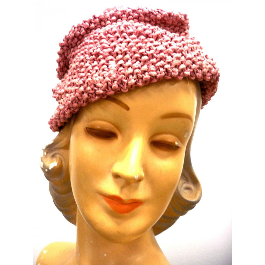 Vintage Ladies Knit Hat Dusty Rose Pink w/ PomPom Metallic Hand-Knit 1940S Hats The Best Vintage Clothing