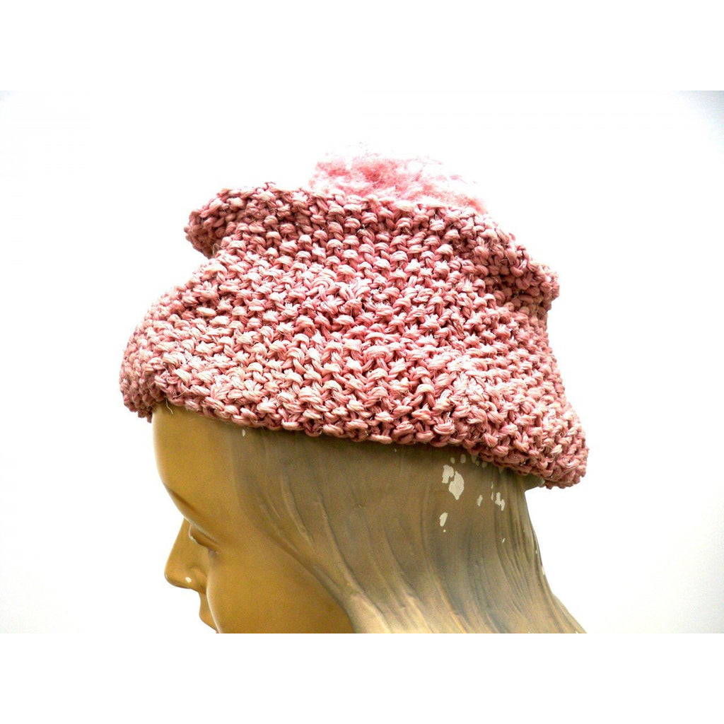 Vintage Ladies Knit Hat Dusty Rose Pink w/ PomPom Metallic Hand-Knit 1940S Hats The Best Vintage Clothing