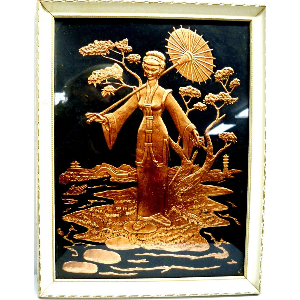 Vintage Mid Century Moderne Pressed Copper Chinese Relief Art Late 1940s Collectibles,New Arrivals,On Sale The Best Vintage Clothing