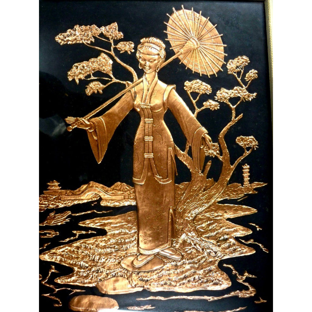 Vintage Mid Century Moderne Pressed Copper Chinese Relief Art Late 1940s Collectibles,New Arrivals,On Sale The Best Vintage Clothing