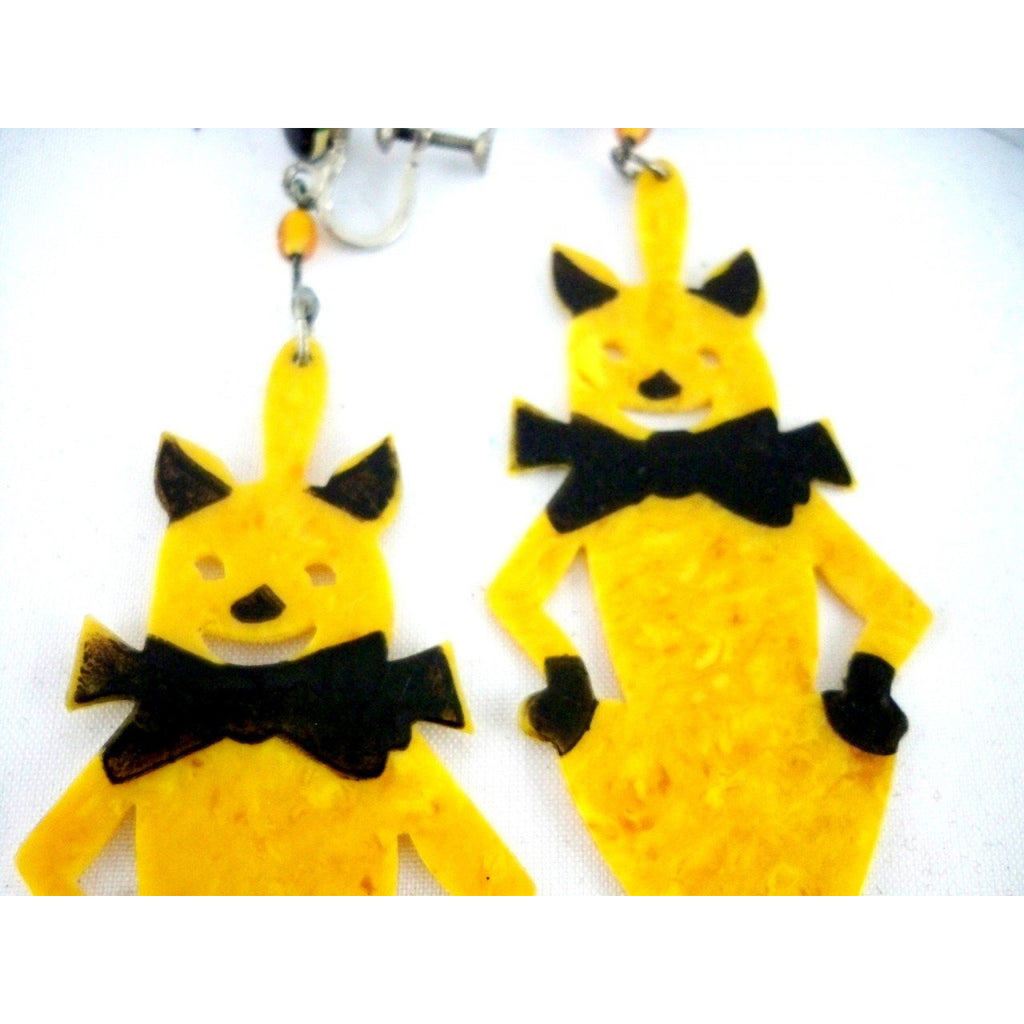 Vintage Art Deco Celluloid Cat Earrings Amber & Black 2 1/2" Jewelry,New Arrivals The Best Vintage Clothing