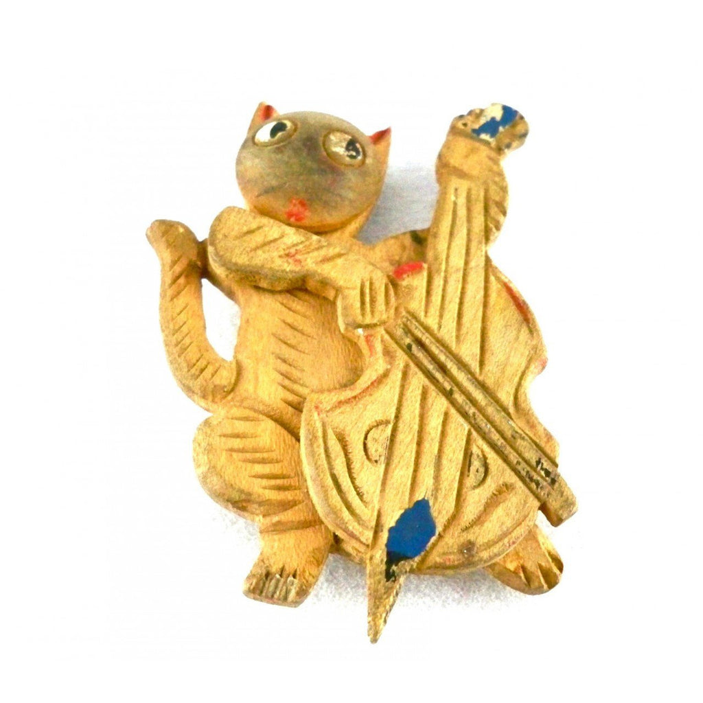 Vintage Wooden Brooch Pin Tramp Art Cat & The Fiddle 1930s Jewelry,New Arrivals,On Sale vendor-unknown