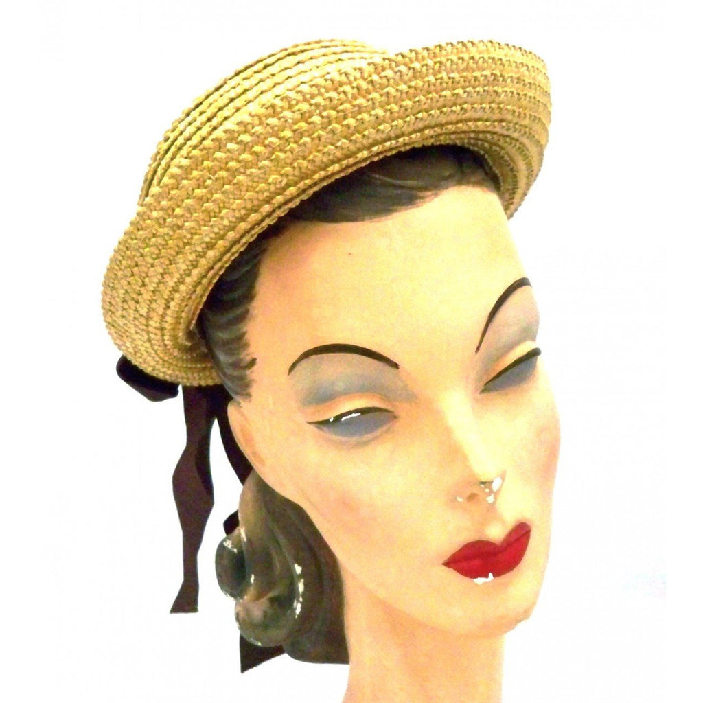 Vintage Ladies Hat Natural Straw w/Brown Ribbons 1940s - The Best Vintage Clothing
 - 1